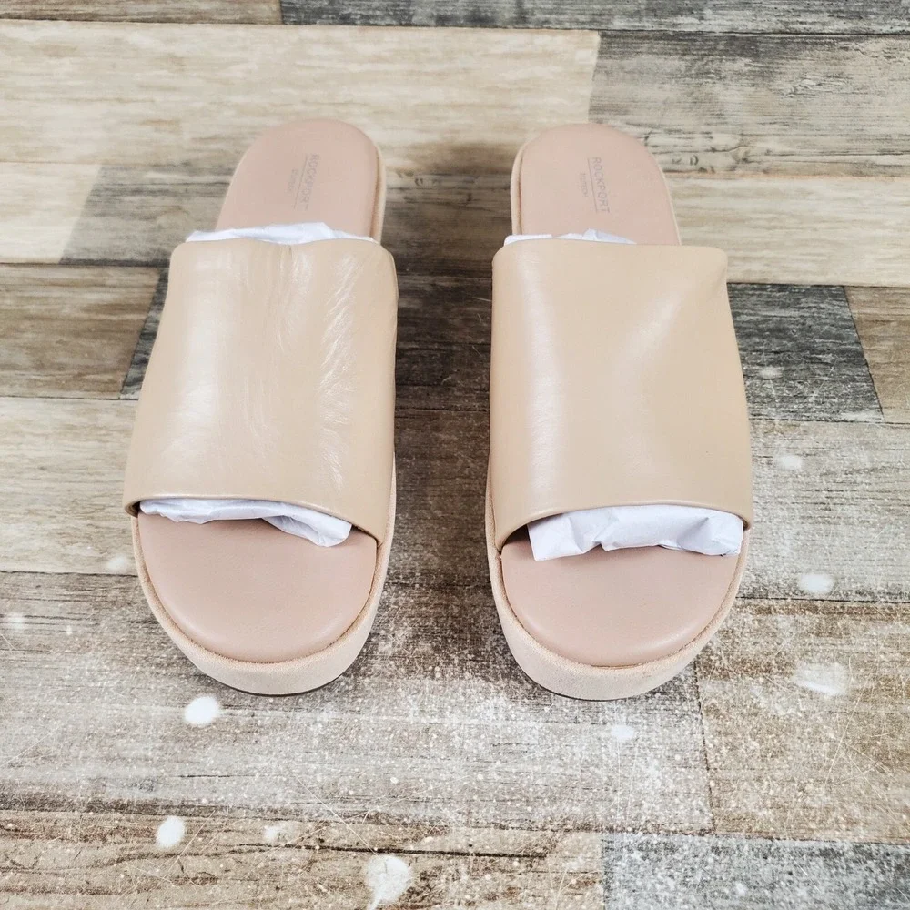 Rockport Aubriella Womens Sandals Sz‎ 10 M Neutral Beige Leather Slip On Slide